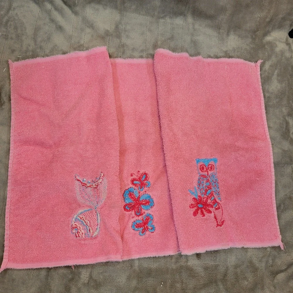 Vintage Cannon Hand Towels Set of 3 Pink Embroidered Owl Butterfly Cat 11x16